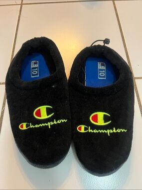Champion Black Plush Footie Slippers with Neon Logo